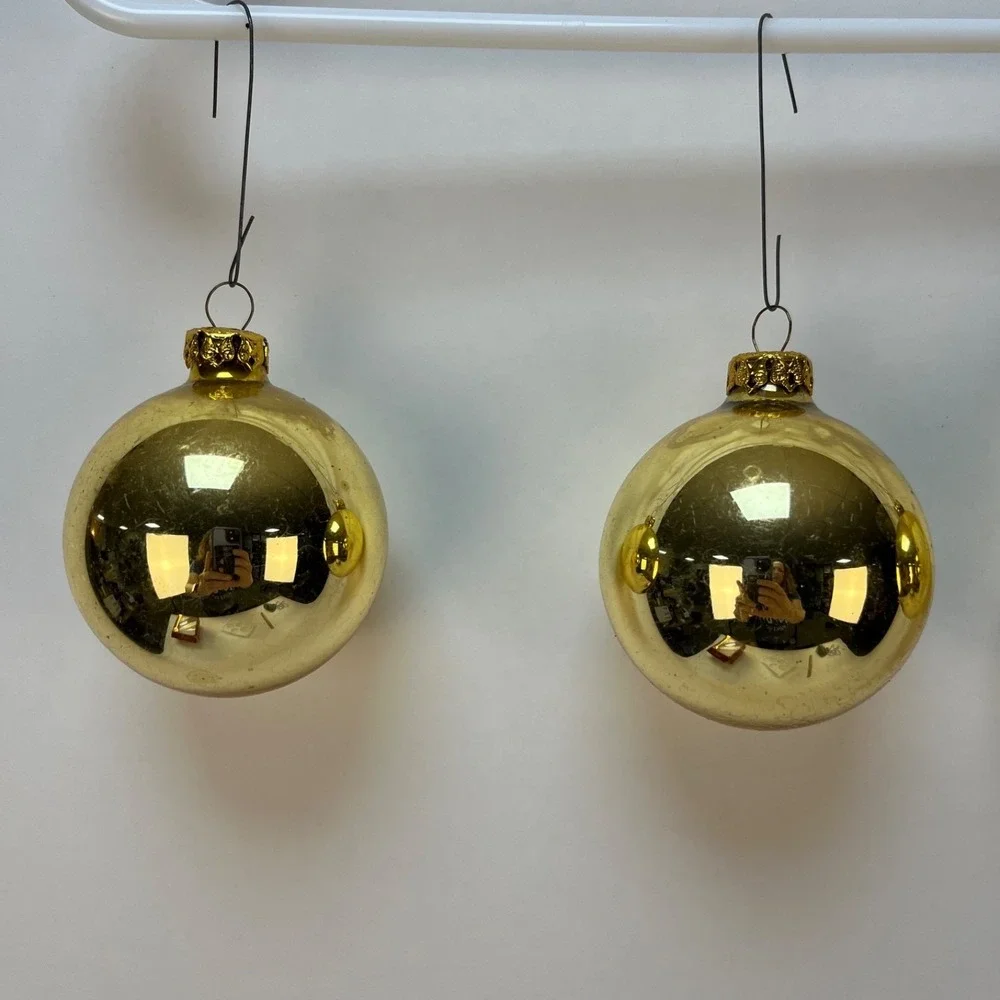 Vtg  Victoria Collection Gold Glitter‎ Glass Christmas Ornaments- 2 Boxes